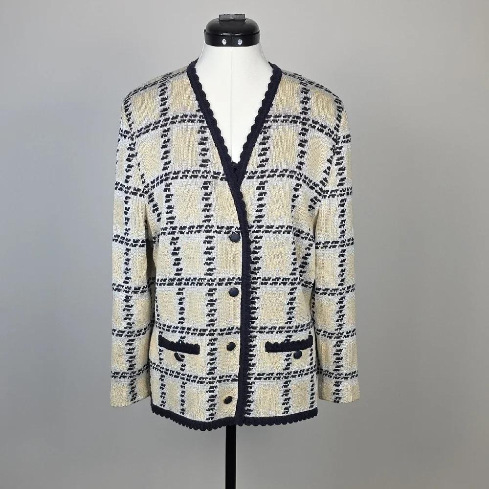 Vintage Tricoville Plaid Cardigan Sweater Jacket β Wool Blend, Button Front, 14 - Picture 1 of 8